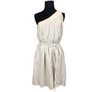 NWOT SYSTEMACTION Dress 38/US 8 Beige Shiny 1 Shoulder Bow Belt Pocket Lined